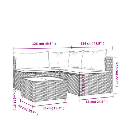 vidaXL 4-delige Loungeset met kussens poly rattan bruin