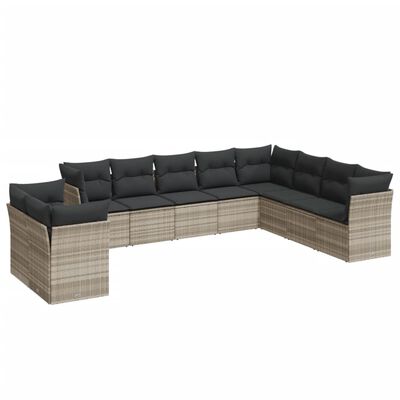 vidaXL 10-delige Loungeset met kussens poly rattan lichtgrijs