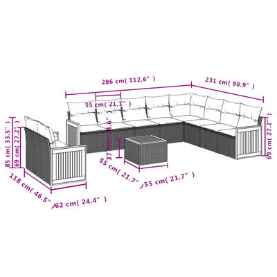 vidaXL 11-delige Tuinset met kussens poly rattan beige