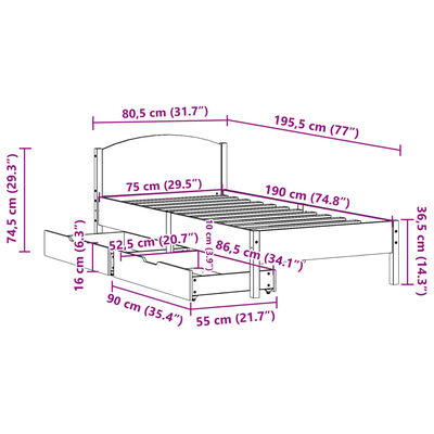 vidaXL Bedframe zonder matras massief grenenhout 75x190 cm