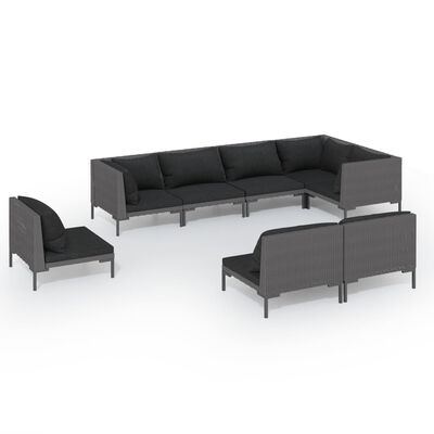 vidaXL 8-delige Loungeset met kussens poly rattan donkergrijs