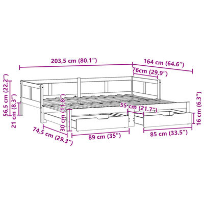 vidaXL Slaapbank met onderschuifbed en lades zonder matras 80x200 cm