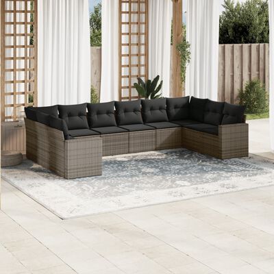 vidaXL 10-delige Loungeset met kussens poly rattan grijs