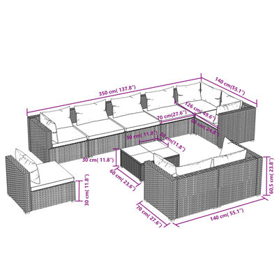 vidaXL 10-delige Loungeset met kussens poly rattan grijs