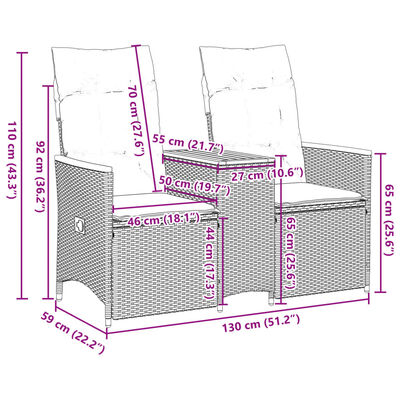 vidaXL Tuinbank 2-zits verstelbaar met tafel poly rattan grijs