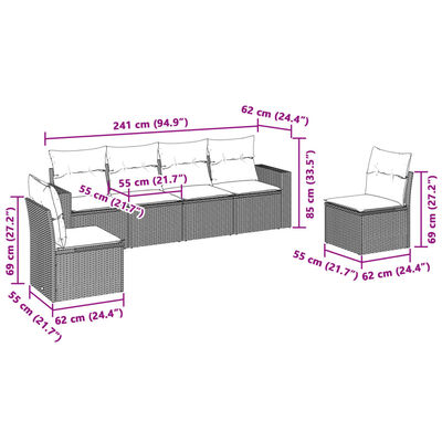 vidaXL 6-delige Loungeset met kussens poly rattan lichtgrijs