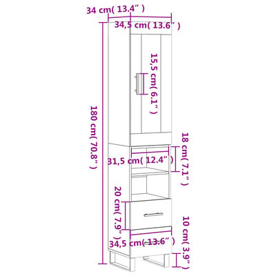 vidaXL Hoge kast 34,5x34x180 cm bewerkt hout wit