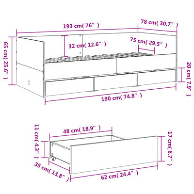 vidaXL Slaapbank met lades zonder matras 75x190 cm bruin eikenkleurig