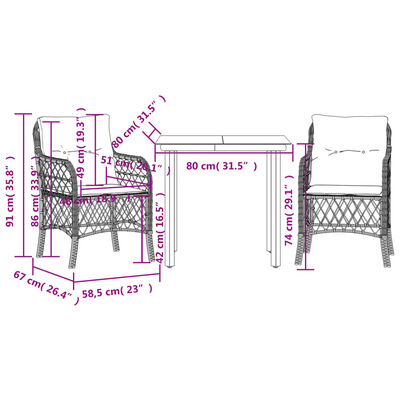 vidaXL 3-delige Bistroset met kussens poly rattan zwart