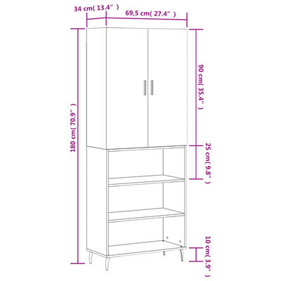 vidaXL Hoge kast 69,5x34x180 cm bewerkt hout bruin eikenkleur