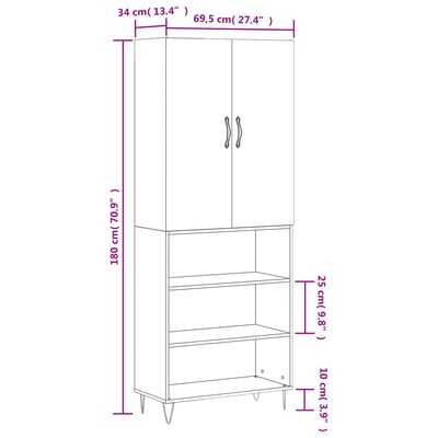 vidaXL Hoge kast 69,5x34x180 cm bewerkt hout hoogglans wit