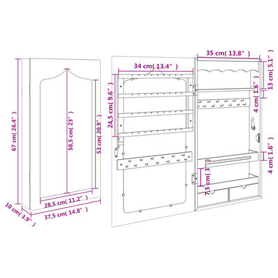 vidaXL Sieradenkast met spiegel wandgemonteerd 37,5x10x67 cm wit