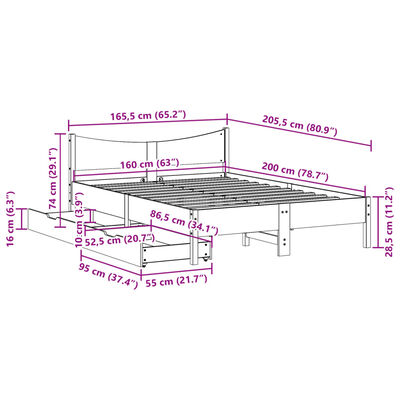 vidaXL Bedframe met lades massief grenenhout wit 160x200 cm