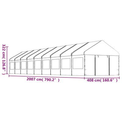 vidaXL Prieel met dak 20,07x4,08x3,22 m polyetheen wit