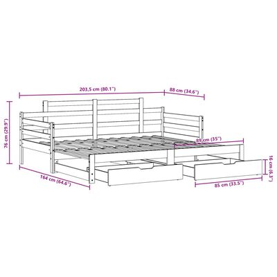 vidaXL Slaapbank met onderschuifbed en lades 80x200 cm grenenhout wit