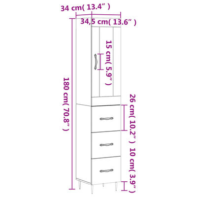 vidaXL Hoge kast 34,5x34x180 cm bewerkt hout gerookt eikenkleurig