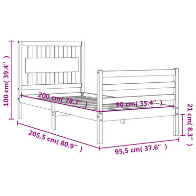 vidaXL Bedframe met hoofdbord massief hout 90x200 cm