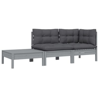 vidaXL 3-delige Loungeset met kussens massief grenenhout grijs