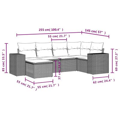 vidaXL 6-delige Loungeset met kussens poly rattan lichtgrijs