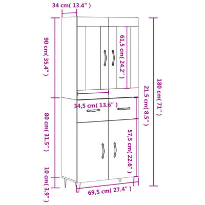 vidaXL Hoge kast 69,5x34x180 cm bewerkt hout wit