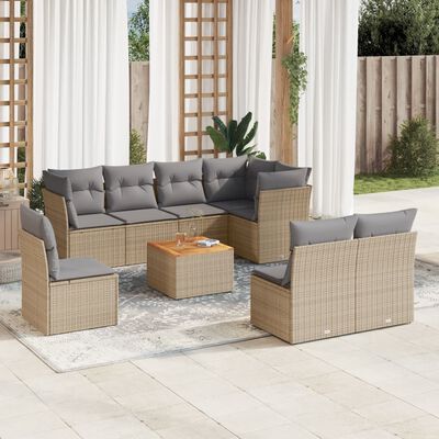 vidaXL 9-delige Loungeset met kussens poly rattan beige