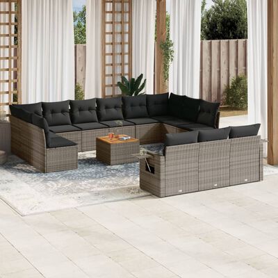 vidaXL 14-delige Loungeset met kussens poly rattan grijs