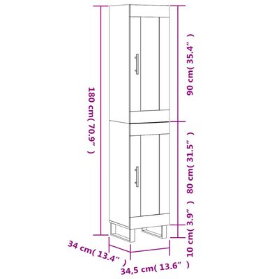 vidaXL Hoge kast 34,5x34x180 cm bewerkt hout grijs sonoma eikenkleurig