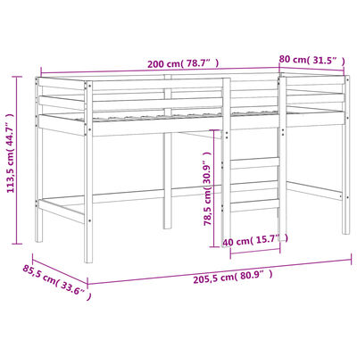 vidaXL Kinderhoogslaper met gordijnen 80x200 cm massief grenenhout