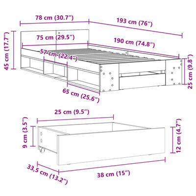 vidaXL Bedframe met lade bewerkt hout bruin eikenkleurig 75x190 cm