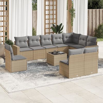 vidaXL 11-delige Tuinset met kussens poly rattan beige