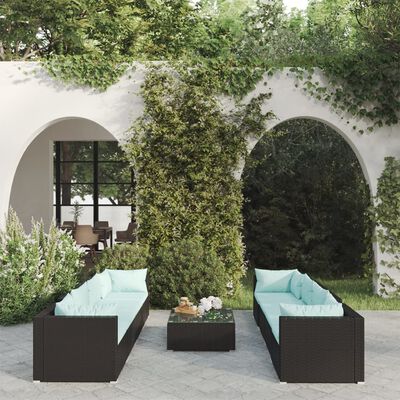 vidaXL 9-delige Loungeset met kussens poly rattan zwart