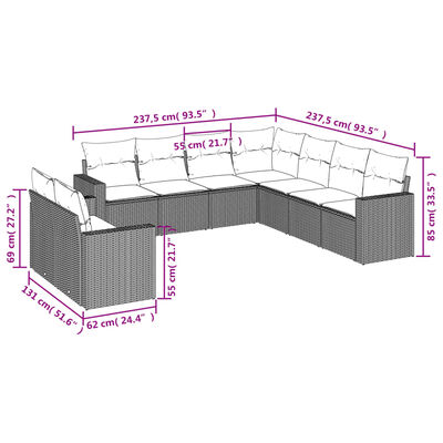 vidaXL 9-delige Loungeset met kussens poly rattan grijs