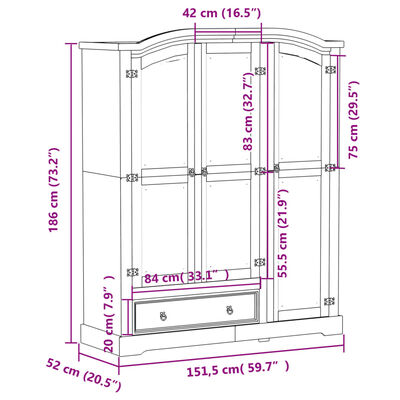 vidaXL Kledingkast Corona wit 151,5x52x186 cm massief grenenhout