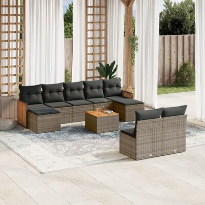 vidaXL 10-delige Loungeset met kussens poly rattan grijs