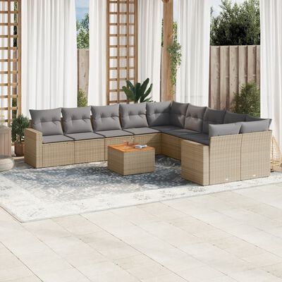 vidaXL 11-delige Loungeset met kussens poly rattan gemengd beige