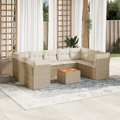 vidaXL 10-delige Loungeset met kussens poly rattan beige