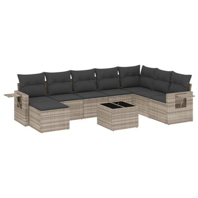 vidaXL 9-delige Loungeset met kussens poly rattan lichtgrijs