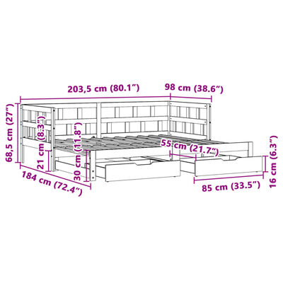 vidaXL Slaapbank met onderschuifbed en lades 90x200 cm grenenhout