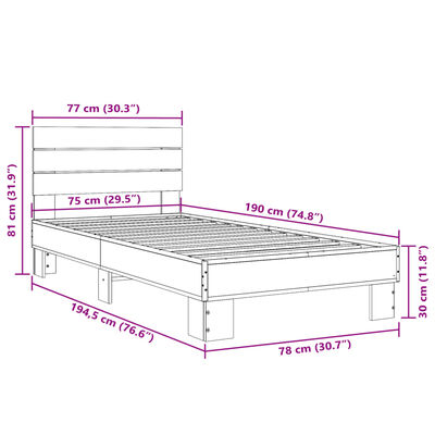 vidaXL Bedframe bewerkt hout en metaal zwart 75x190 cm