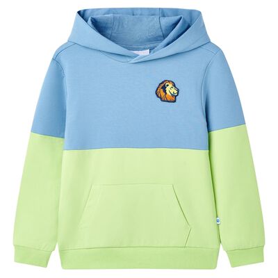 Kindertrui met capuchon 140 blauw en zachtgeel