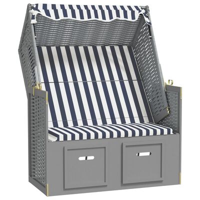 vidaXL Strandstoel met luifel poly rattan en massief hout blauw en wit