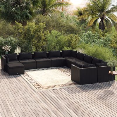 vidaXL 11-delige Loungeset met kussens poly rattan zwart