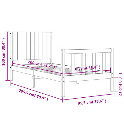 vidaXL Bedframe met hoofdbord massief hout wit 90x200 cm