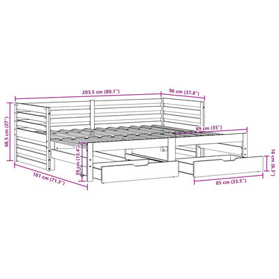 vidaXL Slaapbank met lades 90x200 cm massief grenenhout wit