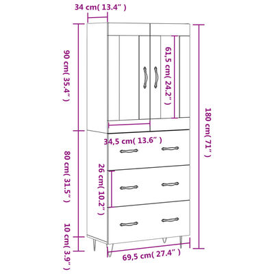 vidaXL Hoge kast 69,5x34x180 cm bewerkt hout grijs sonoma eikenkleurig