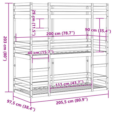 vidaXL Stapelbed 3-persoons massief grenenhout wit 90x200 cm