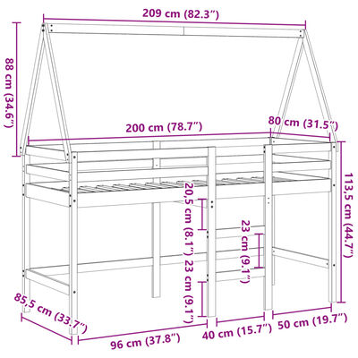 vidaXL Halfhoogslaper met ladder en bedhuis grenenhout wit 80x200 cm