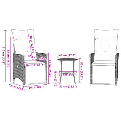 vidaXL 3-delige Bistroset met kussens poly rattan zwart