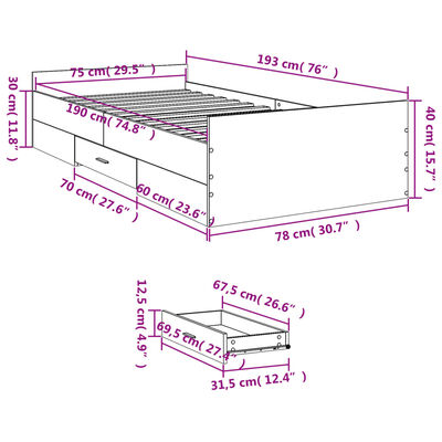 vidaXL Bedframe met lades bewerkt hout sonoma eikenkleurig 75x190 cm