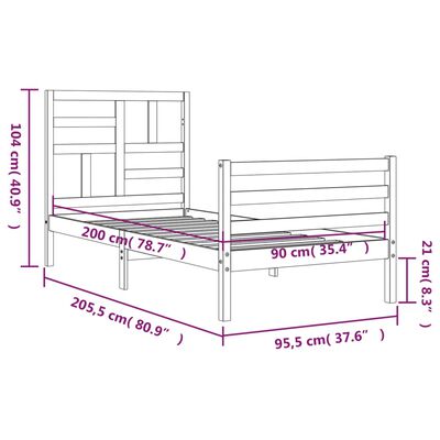 vidaXL Bedframe met hoofdbord massief hout 90x200 cm